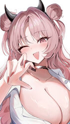  ;d absurdres archi_(aruki) black_choker blue_archive breasts choker claw_pose cleavage collarbone commentary_request demon_horns double_bun fake_horns female fingernails hair_bun hair_intakes highres horns kirara_(blue_archive) large_breasts long_fingernails long_hair looking_at_viewer nail_polish no_halo one_eye_closed open_collar pink_hair shirt simple_background smile solo triangle_mouth upper_body very_long_hair white_background white_shirt 