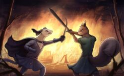  anthro clothed clothing domestic_ferret female fight fire hi_res mammal medieval melee_weapon mr.solar mustelid musteline princess_kurda redwall rodent sciurid sword swordfight tree_squirrel triss_(redwall) true_musteline weapon weasel 