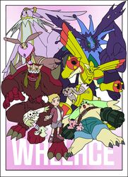  anthro antylamon armor bandai_namco black_body blonde_hair blue_eyes brown_body brown_fur cherubimon cherubimon_(evil) cherubimon_(good) digimon digimon_(species) evolutionary_family fur gargomon group gun_arm hair headgear helmet hi_res human long_ears lopmon male mammal pink_body rapidmon tasishomeos terriermon wendigomon white_body white_fur willis_(digimon) 