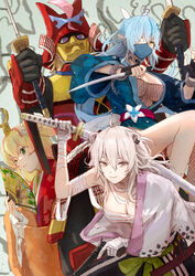  4girls absurdres alternate_costume armor bandaged_arm bandages blonde_hair blue_hair breasts chest_sarashi cleavage elf fingerless_gloves fishnet_top fishnets full_armor gloves green_eyes grey_eyes grey_hair gun hand_fan helmet highres holding holding_fan holding_gun holding_sword holding_weapon hololive japanese_armor japanese_clothes kabuto_(helmet) katana kimono large_breasts long_hair mask momosuzu_nene mouth_mask multiple_girls nepolabo ninja ninja_mask omaru_polka orange_kimono pointy_ears purple_eyes reverse_grip revolver sarashi shishiro_botan sword virtual_youtuber weapon wide_sleeves yami_ara yellow_eyes yukihana_lamy 