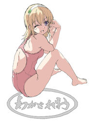  ass barefoot blonde_hair character_name clover_hair_ornament commentary_request competition_swimsuit female four-leaf_clover_hair_ornament full_body hair_ornament hairband hal-py high_school_fleet looking_at_viewer one-piece_swimsuit one_eye_closed pink_one-piece_swimsuit purple_eyes solo swimsuit wakasa_reo 