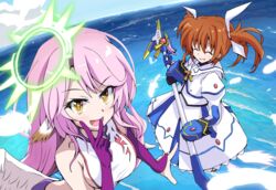  2girls breasts commentary_request crossover feathers fingers_to_mouth golden_eyes halo highres holding holding_staff jibril_(no_game_no_life) long_hair lyrical_nanoha mahou_shoujo_lyrical_nanoha mahou_shoujo_lyrical_nanoha_the_movie_1st multiple_girls no_game_no_life ocean pink_hair popo_rinngo raising_heart raising_heart_(cannon_mode) sideboob skirt spiked_halo staff sweatdrop takamachi_nanoha takamachi_nanoha_(movie_1st_mode) tamura_yukari voice_actor_connection weapon white_skirt wing_ears wings 