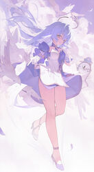  above_clouds absurdres aged_down bird breasts choker clockie_(honkai:_star_rail) cloud dress female floating floating_hair gloves grey_eyes halo high_heels highres honkai:_star_rail honkai_(series) looking_at_viewer medium_breasts parted_lips purple_choker purple_dress purple_hair purple_sleeves reaching reaching_towards_viewer robin_(honkai:_star_rail) short_sleeves sidelocks solo strapless strapless_dress two-tone_dress white_bird white_dress white_gloves white_wings wings zhishuixy 