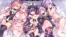  5girls absurdres ahoge asymmetrical_legwear black_bow black_bowtie black_bustier black_choker black_panties black_thighhighs blonde_hair blue_eyes blunt_bangs blush bow bowtie braid breasts brown_hair checkered_thighhighs chloe_(rubi-sama) choker cleavage elena_(rubi-sama) garter_belt grey_bow grey_hair hair_between_eyes hair_intakes hair_ribbon hairbow highres large_breasts long_hair long_sleeves looking_at_viewer medama_(rubi-sama) medium_hair mismatched_legwear multi-strapped_panties multiple_girls navel no_panties own_hands_clasped own_hands_together panties panty_pull purple_hair red_eyes red_ribbon ribbon rubi-sama saki_(rubi-sama) seira_(rubi-sama) sideboob small_breasts thigh_strap thighhighs twintails underboob underwear underwear_only very_long_hair white_panties white_thighhighs wrist_cuffs yume_utsutsu_quintet 