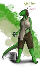  9:16 anthro argonian brown_hair clothing container cup female green_body green_scales hair hi_res horn lotuschild microsoft nel-tei_(golddrake) paint_splatter poor scales scalie sign solo tail text the_elder_scrolls torn_clothing 