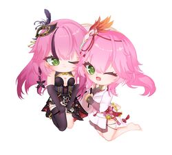  2girls chibi dress green_eyes highres lan_(tower_of_fantasy) looking_at_viewer multiple_girls pink_hair tower_of_fantasy 