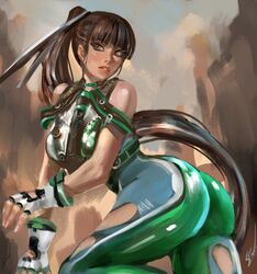  ass black_hair blunt_bangs bodysuit breasts brown_eyes eve_(stellar_blade) female fingerless_gloves gloves green_bodysuit highres long_hair looking_at_viewer multicolored_bodysuit multicolored_clothes orion-m planet_diving_suit_(7th)_(stellar_blade) ponytail silver_bodysuit skin_tight solo stellar_blade thighs very_long_hair 