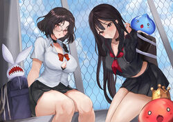  2girls absurdres alan_(hfmr2278) bag black_choker black_hair black_shirt black_skirt blush bow bowtie breasts brown_dust_2 brown_eyes brown_hair bursting_breasts button_gap chain-link_fence choker cleavage crown diamond_mouth diana_(brown_dust) eyebrows_hidden_by_hair feet_out_of_frame fence hair_between_eyes highres large_breasts long_hair looking_at_viewer multiple_girls pleated_skirt red_bow red_bowtie red_eyes school_bag school_uniform sharp_teeth shirt short_hair sitting skirt slime_(creature) squatting teeth thick_thighs thighs twing_glutti ventana_(brown_dust) very_long_hair white_shirt 