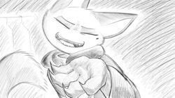  16:9 animal_crossing anthro clothes_hanger clothing clothing_store dialogue_in_description dragonweirdo felid feline female hi_res jacket mammal markings mole_(marking) monochrome nintendo olivia_(animal_crossing) puffy_jacket sarcasm smile solo store tail teeth tongue topwear widescreen 