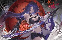  acheron_(honkai:_star_rail) armor bandaged_arm bandages belt black_belt black_choker black_gloves black_shorts breasts chain_around_arm chains choker cleavage coat coattails commentary cowboy_shot detached_sleeves female flower gloves hair_ornament hair_over_one_eye holding holding_sword holding_weapon honkai:_star_rail honkai_(series) katana large_breasts laubun long_hair looking_at_viewer midriff multicolored_hair navel oil-paper_umbrella purple_eyes purple_hair red_flower scabbard sheath sheathed shorts shoulder_armor single_bare_shoulder solo streaked_hair sword thighs umbrella very_long_hair weapon white_coat 