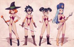  4girls black_eyes black_footwear black_hair black_hat blue_gemstone blue_hair blue_hat blunt_bangs blunt_ends bob_cut boots breasts breasts_apart bright_pupils brown_background circlet cleavage clenched_hands closed_mouth clothing_cutout collarbone commentary cross detached_sleeves dragon_quest dragon_quest_iii elbow_gloves fantasy fighter_(dq3) flanged_mace frown full_body gem gloves green_ribbons groin hair_between_eyes halterneck hand_on_own_hip hat hat_ribbon highleg highleg_swimsuit highres holding holding_mace holding_staff holding_sword holding_weapon knee_boots lamb-oic029 legs linea_alba lineup long_hair looking_at_viewer mace mage_(dq3) medium_breasts mitre multiple_girls navel official_alternate_costume one-piece_swimsuit open_mouth orange_eyes orange_gemstone orange_gloves orange_hair parted_lips priest_(dq3) red_eyes red_one-piece_swimsuit revealing_swimsuit_(dq) ribbon roto_(dq3) short_twintails sideboob sidelocks simple_background small_breasts smile spiked_hair split_mouth staff standing stomach_cutout straight_hair swept_bangs swimsuit sword twintails variant_set weapon witch_hat yellow_footwear yellow_gloves yellow_sleeves 