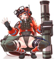  bandaid bandaid_on_cheek bandaid_on_face black_gloves blue_eyes breasts brown_hair covered_navel facepaint female fingerless_gloves gloves goddess_of_victory:_nikke helmet highleg highleg_leotard highres holding holding_rocket_launcher holding_weapon leotard long_hair long_sleeves looking_at_viewer mica_(nikke) open_mouth rocket_launcher shimogami_migihidari shiny_skin simple_background smile spread_legs squatting tactical_clothes thighs thong_leotard weapon white_background 