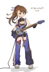  bass_guitar beatrix_(granblue_fantasy) black_gloves blue_pants brown_hair clothing_cutout commentary_request electric_guitar female fender_jazz_bass full_body gloves granblue_fantasy green_eyes guitar highres holding holding_guitar holding_instrument instrument motoaki pants playing_guitar ponytail simple_background solo thigh_cutout white_background 