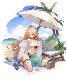  aqua_stripes artist_request asteria_(final_gear) bare_legs bare_shoulders basket bikini black_bikini black_choker black_footwear black_ribbon black_straps blanket blonde_hair blue_sky bottle breasts buttons chair choker cloud cloudy_sky collarbone cross-laced_bikini cross-laced_clothes cross-laced_straps dress_suit female final_gear flip-flops frown full_body half_updo high_ponytail highres island large_breasts long_hair looking_at_viewer lotion midriff multi-strapped_bikini_bottom official_art outdoors palm_tree red_eyes ribbon sand sandals see-through_ball seiza shirt simple_background sitting sky solo starfish sunlight sunscreen surfboard swimsuit thigh_strap third-party_source transparent_background tree tropical umbrella undressing very_long_hair water water_bottle white_bikini white_shirt white_stripes white_umbrella 