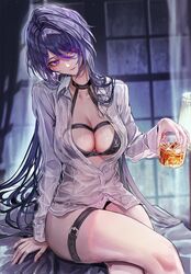  acheron_(honkai:_star_rail) alternate_costume bare_legs belt black_bra black_choker black_panties bra breasts chiachun0621 choker cleavage collared_shirt commentary criss-cross_halter crossed_legs cup drinking_glass eyes_visible_through_hair female hair_over_one_eye halterneck highres holding holding_cup honkai:_star_rail honkai_(series) indoors large_breasts long_hair looking_to_the_side multicolored_hair night night_light night_sky open_clothes open_shirt panties parted_lips purple_eyes purple_hair see-through see-through_shirt shirt sitting sky solo streaked_hair thigh_belt thigh_strap underwear white_shirt window 