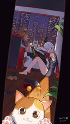  absurdres afureru_colors animal_hug armpit_crease artist_name bare_legs black_unitard breasts canine chair city closed_eyes closed_mouth colored_inner_hair doorway dutch_angle feline female from_side highres honkai:_star_rail honkai_(series) knee_up medium_breasts medium_hair multicolored_hair night numby_(honkai:_star_rail) on_floor pov_doorway shoes side_cape solo table topaz_(honkai:_star_rail) trotter_(honkai:_star_rail) unworn_shoes white_hair 