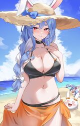  2girls anger_vein animal_ears bare_shoulders beach bikini blue_hair braid braided_ponytail breasts buried choker cleavage cowboy_shot halterneck hand_on_own_chest hat highres hololive large_breasts long_hair looking_at_viewer looking_back mother_and_daughter multicolored_hair multiple_girls navel ocean orange_eyes outdoors pekomama pekomon_(usada_pekora) pendora1022 rabbit_ears red_eyes straw_hat string_bikini sun_hat swimsuit two-tone_hair usada_pekora virtual_youtuber white_hair 