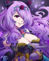  artist_name breasts camilla_(fire_emblem) camilla_(resplendent)_(fire_emblem) cleavage female fire_emblem fire_emblem_fates fire_emblem_heroes gloves hair_over_one_eye highres large_breasts lips long_hair official_alternate_costume parted_lips petals platinum_ami purple_eyes purple_gloves purple_hair smile solo teeth upper_body watermark 