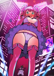  4girls absurdres accidental_pervert blush boots bow bow_panties breasts building bursting_breasts cameltoe cleavage commentary drill_hair embarrassed female_pervert floating flying frown full-face_blush giant giantess green_eyes hairbow hanabishi_haruka hands_on_own_chest highres hiiragi_utena jumbotron large_breasts legs looking_at_another looking_at_viewer magia_azure magia_baiser magia_magenta magia_sulfur magical_girl mahou_shoujo_ni_akogarete minakami_sayo miniskirt multiple_girls nadesukos navel open_mouth outdoors panties pervert pink_bow pink_footwear pink_hair pink_panties searchlight shirt skirt skyscraper standing tearing_up tenkawa_kaoruko thigh_boots twin_drills underwear upskirt view_between_legs white_shirt 