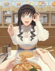  adjusting_hair amagami black_hair black_hairband blue_eyes bowl breasts capelet chopsticks cleavage commentary_request counter cup denim drill_hair female food food_on_face hairband hands_up highres holding holding_chopsticks holding_spoon indoors jeans large_breasts leaning_forward long_hair looking_at_viewer menu morishima_haruka nanidato_(nanidat0) navel noodles open_mouth pants pov pov_hands ramen restaurant ribbed_tank_top rice rice_on_face sitting solo_focus spoon table tank_top toothpick water_boiler white_capelet white_tank_top 