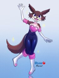  2024 3:4 absurd_res anthro beastars big_breasts blue_eyes blush boots breasts brown_body brown_fur brown_tail canid canine canis cleavage clothed clothing cosplay crossover crossover_cosplay digital_drawing_(artwork) digital_media_(artwork) female footwear full-length_portrait fur gesture gloves handwear heart_symbol hi_res juno_(beastars) looking_at_viewer mammal on_one_leg open_mouth open_smile portrait pose redbluedude rouge_the_bat sega simple_background smile solo sonic_the_hedgehog_(series) standing tail tight_clothing watermark waving waving_at_viewer white_body wolf 