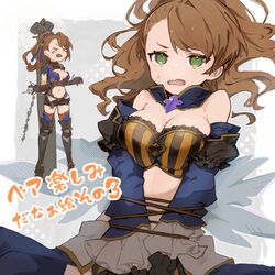  &gt;_&lt; arms_behind_back beatrix_(granblue_fantasy) beatrix_(halloween)_(granblue_fantasy) blush bondage bondage bound bound_arms breasts brown_hair cleavage commentary_request female full_body granblue_fantasy green_eyes medium_breasts motoaki multiple_views navel open_mouth ponytail wavy_hair wavy_mouth 