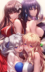  4girls amakano_2 bare_shoulders blonde_hair blue_eyes blue_ribbon braid breasts brown_hair cleavage commentary_request dress earrings green_eyes green_ribbons grey_hair hair_ribbon highres himiyama_rei jewelry kurohime_yuuhi large_breasts long_hair looking_at_viewer multiple_girls necklace one_eye_closed open_mouth piromizu purple_eyes purple_hair red_dress red_eyes ribbon sara_(amakano_2) sideboob tsutamachi_chitose twintails 