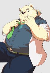  absurd_res anthro bear belly belt bulge cigarette clothing coat dress_shirt eyebrows fur hair hi_res lab_coat leib_(tas) lifewonders male mammal necktie overweight penguin0700 polar_bear ponytail shirt smoking solo thick_eyebrows tokyo_afterschool_summoners topwear undressing ursine white_body white_fur 