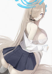  absurdres ass asuna_(blue_archive) black_choker black_skirt blue_archive blue_eyes blue_halo blue_ribbon blush bra breasts choker commentary female grin hair_over_one_eye hair_ribbon halo highres large_breasts light_brown_hair long_hair long_sleeves panties pleated_skirt ribbon school_uniform shakabrah shirt simple_background skirt smile solo underwear white_background white_bra white_panties white_shirt 