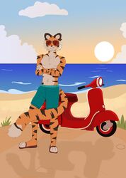  anthro beach bottomwear clothed clothing crossed_arms detailed_background eyewear felid footwear fur hi_res i_think_i_like_you light male mammal motorcycle neograf orange_body orange_fur outside pantherine red_(i_think_i_like_you) sandals sea shorts smile solo striped_body striped_fur stripes sunglasses sunlight sunset tiger topless topless_male vehicle water 