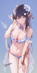  10_plus au_ra black_hair blue_eyes blush breasts commission dragon_girl dragon_horns dragon_tail female final_fantasy final_fantasy_xiv gradient_background highres horns large_breasts long_hair looking_at_viewer navel scales skeb_commission solo swimsuit tail warrior_of_light_(ff14) 