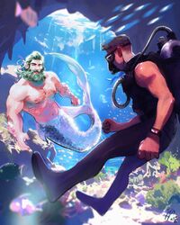  2boys bara beard beard_over_mouth diving_mask ego_rodriguez_(egothego) facial_hair fins fish full_beard goggles green_hair happy huge_pectorals large_pectorals male_focus mature_male merman mermay_2024 monster_boy multiple_boys navel nipples nude original pectorals short_hair sparse_chest_hair sunlight thick_beard thick_eyebrows underwear yaoi 