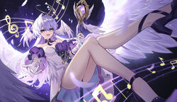  absurdres angel_wings ass bare_legs bare_shoulders black_footwear breasts chinese_commentary cleavage collar commentary_request czk detached_sleeves dress female gloves green_eyes hair_between_eyes hair_intakes halo head_wings highres holding holding_microphone_stand honkai:_star_rail honkai_(series) jewel_under_eye large_breasts large_wings long_hair looking_at_viewer microphone microphone_stand musical_note musical_note_ornament outstretched_arm purple_collar purple_sleeves reaching reaching_towards_viewer robin_(honkai:_star_rail) smile solo white_dress white_gloves white_hair white_wings wings 