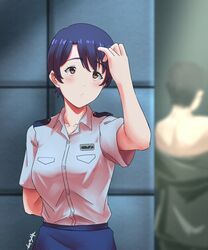  1other absurdres ambiguous_gender arm_behind_back blue_hair blurry blurry_background brown_eyes female hand_up highres honoka_suzunagi indoors military_uniform mutsuki_(mutsuki0110) short_hair short_sleeves solo_focus standing undressing uniform yuuki_bakuhatsu_bang_bravern 