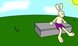  animated anthro big_feet bottomwear buckteeth chest_tuft clothing feet floating_ears happy jason_burrow jay_jay_the_lucky_rabbit lagomorph leporid looking_at_viewer male mammal purple_clothing rabbit short_playtime shorts simple_coloring simple_eyes simple_face sitting solo surprised_expression swift_bristle swinging_legs tail tail_motion tailwag teeth tuft 