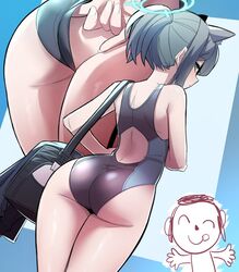  adjusting_clothes adjusting_swimsuit alternate_hairstyle animal_ear_fluff animal_ears ass bag bare_shoulders blue_archive blue_eyes blue_halo closed_mouth commentary_request competition_swimsuit doodle_sensei_(blue_archive) extra_ears female grey_hair halo highres korean_commentary official_alternate_costume one-piece_swimsuit ponytail sensei_(blue_archive) shiroko_(blue_archive) shiroko_(swimsuit)_(blue_archive) shoulder_bag sung08ko swimsuit tongue tongue_out wolf_ears zoom_layer 