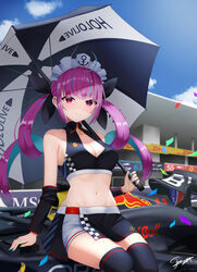  absurdres ahoge alternate_costume anchor_symbol aston_martin asymmetrical_clothes asymmetrical_legwear blue_hair blue_sky blush breasts car checkered_clothes cleavage cloud colored_inner_hair confetti dhl female formula_one highres hololive long_hair looking_at_viewer midriff minato_aqua motor_vehicle multicolored_hair navel purple_eyes purple_hair race_queen race_vehicle racecar red_bull signature sky smile solo streaked_hair telu_(teluscarlet) thighhighs twintails two-tone_hair umbrella virtual_youtuber 