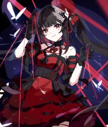  arm_up bare_shoulders bell black_choker black_gloves black_hair blunt_bangs bow_choker breasts bug butterfly choker cleavage commentary_request cowboy_shot detached_sleeves dress female gloves hand_up hat hat_bell honkai:_star_rail honkai_(series) jingle_bell long_hair looking_at_viewer mask mole mole_under_eye official_alternate_costume partial_commentary red_dress red_eyes red_hat red_sleeves revision sleeveless sleeveless_dress smile solo sparkle_(honkai:_star_rail) sparkle_(it&#039;s_showtime)_(honkai:_star_rail) string twintails utori_(tanakautori) 