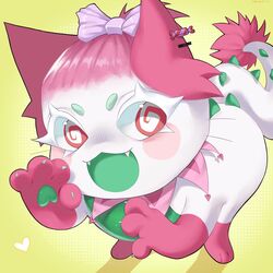  1:1 2023 ambiguous_gender blush bow_(feature) bow_ribbon bratwurstcat candy colorful_theme dessert digital_media_(artwork) eyebrows fan_character fangs felid feline feral food food_creature green_mouth hair heart_symbol hi_res leaning leaning_forward living_candy long_tail looking_at_viewer mammal nails open_mouth pastel_theme pawpads paws shadow simple_background solo spiral_eyes standing tail teeth white_sclera young young_ambiguous young_feral 