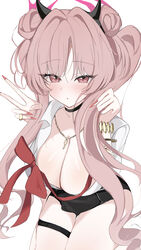  :o absurdres archi_(aruki) black_choker black_skirt blue_archive blush bracelet breasts choker cleavage collarbone commentary_request demon_horns double_bun fake_horns female fingernails hair_bun halo highres horns jewelry kirara_(blue_archive) large_breasts long_fingernails long_hair looking_at_viewer loose_neck_ribbon miniskirt nail_polish neck_ribbon necklace parted_lips pink_eyes pink_hair red_ribbon ribbon shirt simple_background sitting skirt solo thigh_strap thighs twintails v very_long_hair wariza white_background white_shirt 