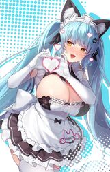  animal_ears blue_hair blush breasts cleavage dress elbow_gloves eungking_(tog2029) fake_animal_ears female gloves goddess_of_victory:_nikke hair_ornament hairclip heart highres huge_breasts long_hair looking_to_the_side maid maid_headdress privaty_(nikke) privaty_(unkind_maid)_(nikke) solo twintails white_gloves yellow_eyes 