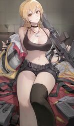  absurdres ammunition ammunition_pouch assault_rifle bare_shoulders black_choker black_shorts black_sports_bra black_thighhighs blonde_hair breasts bullpup cartridge choker cleavage collarbone dog_tags expressionless female fingerless_gloves girls&#039;_frontline girls&#039;_frontline_2:_exilium gloves gun hair_between_eyes highres holding holding_gun holding_weapon huinjebi jacket large_breasts long_hair looking_at_viewer magazine_(weapon) navel open_clothes open_jacket ots-14_(girls&#039;_frontline) ots-14_groza ponytail pouch rifle short_shorts shorts sidelocks single_thighhigh sitting solo_focus sports_bra suppressor thighhighs undressing very_long_hair weapon white_jacket yellow_eyes 