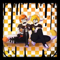  1:1 alternative_fashion checkered checkered_background clothed clothing domestic_cat duo emo felid feline felis female hi_res lesbian_pride_colors lgbt_pride male mammal orange_lesbian_pride_colors pattern_background pride_color_accessory pride_color_clothing pride_colors sibling_(lore) silvetz simple_background 