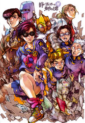  2girls 6+boys :o achtung_baby aged_up akaneko_(redakanekocat) alternate_universe black_hair blonde_hair brown_hair commentary_request crazy_diamond diamond_wa_kudakenai formal gakuran glasses hand_on_own_hip higashikata_josuke hirose_koichi jojo_no_kimyou_na_bouken kawajiri_hayato long_hair midriff multiple_boys multiple_girls neck_ribbon necktie notebook original paper pleated_skirt pompadour ponytail ribbon sailor_collar school_uniform serafuku shizuka_joestar shoes short_hair skirt sneakers socks stand_(jojo) star_(symbol) suit sunglasses teenage white_hair 