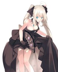  :d black_bow black_dress black_gloves blue_eyes bow breasts choker cleavage commentary_request dress echo_(circa) fate/grand_order fate_(series) feather_hair_ornament feathers female floating_hair gloves hair_ornament hairbow hand_fan holding holding_fan jewelry leaning_forward long_hair looking_at_viewer marie_antoinette_(fate) marie_antoinette_(formal_dress)_(fate) medium_breasts necklace official_alternate_costume open_mouth simple_background skirt_hold smile solo standing strapless strapless_dress twintails very_long_hair white_background white_feathers white_hair 