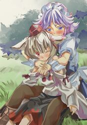  2girls animal_ears bare_shoulders biting blue_eyes detached_sleeves ear_biting eargasm grey_hair hat heart inubashiri_momiji izayoi_sakuya maid maid_headdress multiple_girls one_eye_closed pantyhose playing_with_another&#039;s_ears red_eyes short_hair skirt tokin_hat touhou uncommon_stimulation white_hair wolf_ears wrist_cuffs yohane yuri 