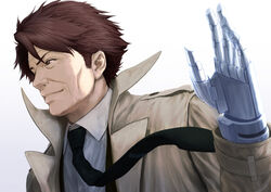  1boy black_necktie brown_eyes brown_hair coat collared_shirt commentary_request male_focus masaoka_tomomi mechanical_hands necktie photoshop_(medium) psycho-pass shin_(world_3000) shirt simple_background single_mechanical_hand solo upper_body white_background white_shirt 