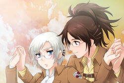  2girls blue_eyes blush brown_hair commentary_request emblem garrison_regiment_(emblem) glasses goggles hange_zoe holding_hands jacket kiraki multiple_girls paradis_military_uniform ponytail rico_brzenska shingeki_no_kyojin short_hair silver_hair uniform 