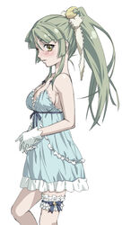  alternate_hairstyle babydoll bare_shoulders blush breasts bridal_garter commentary_request crescent female gen&#039;ei_wo_kakeru_taiyou gloves green_eyes green_hair hair_ribbon long_hair medium_breasts nightgown photoshop_(medium) ponytail ribbon simple_background solo tsukuyomi_luna white_background you2 