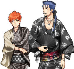  2boys bad_id bad_pixiv_id blue_hair cigarette cu_chulainn_(fate) cu_chulainn_(fate/stay_night) earrings emiya_shirou fate/stay_night fate_(series) folding_fan hand_fan japanese_clothes jewelry kimono long_hair mitsuki_mitsuno multiple_boys orange_hair ponytail red_eyes yellow_eyes 